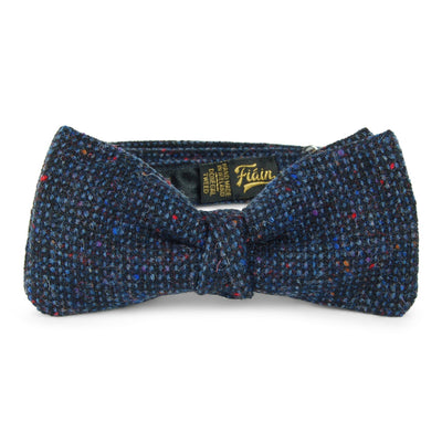 Dark blue hatched tweed bow tie - front view