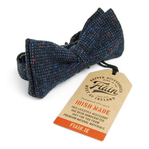 Dark blue hatched tweed bow tie - side view with hang tag