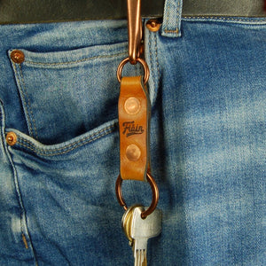 japanese fish hook key chain in chestnut leather on jeans belt loop