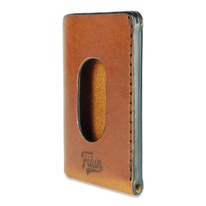 Back right view of chestnut brogue leather card wallet by Fiain