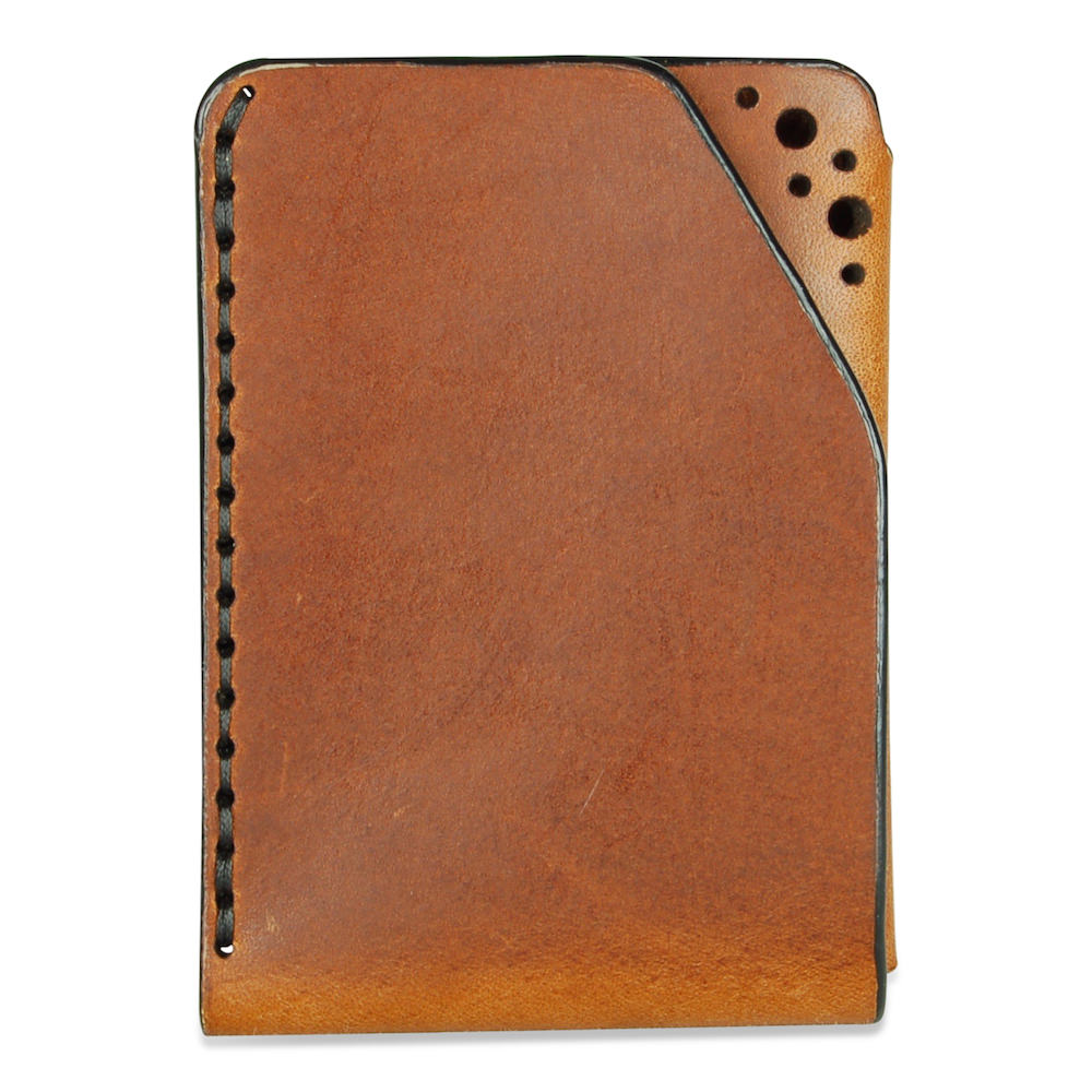 Front view of chestnut brogue leather card wallet by Fiain