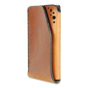 Front right view of chestnut brogue leather card wallet by Fiain
